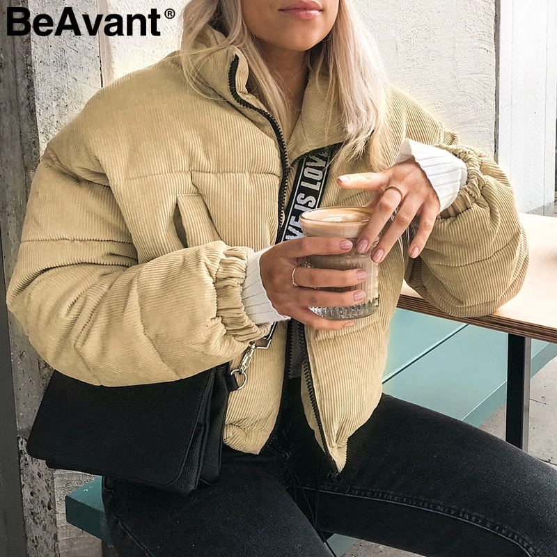 BeAvant хаки Вельветовая зимняя куртка Женское пальто Теплая стеганая парка 2018