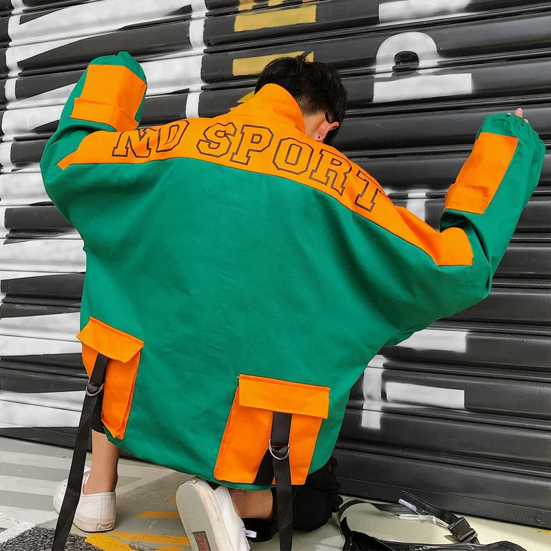 

Spring Autumn New Preppy Style Multi-Pocket Tooling Jackets Hong Kong style chic Loose jacket College Hip Hop Coat