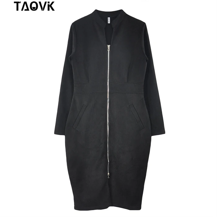 TAOVK High Street Suede Платье женское с длинным рукавом Bodycon платье с молнией винтажный воротник-стойка офисные женские платья