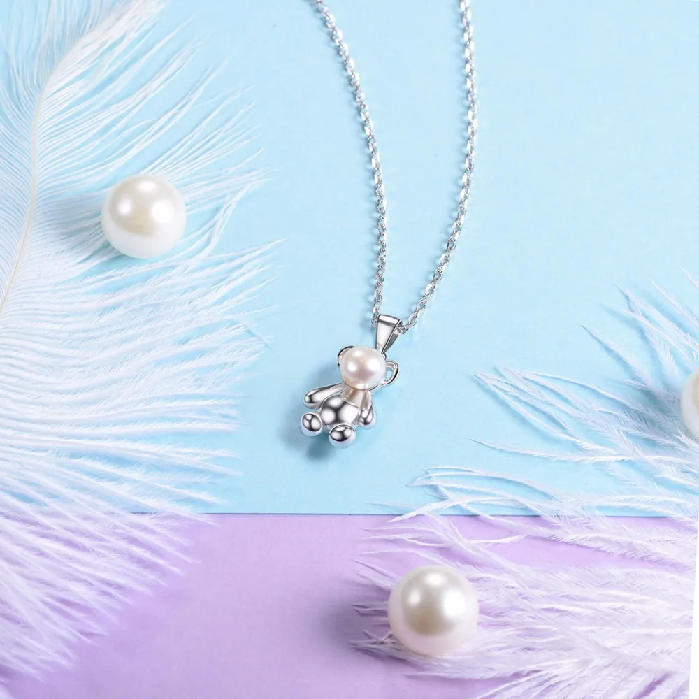 U7 подлинный 925 пробы серебряный милый медведь ожерелье-подвеска животное Шарм пресноводный жемчуг женские ювелирные изделия подарок на день Святого Валентина SC22