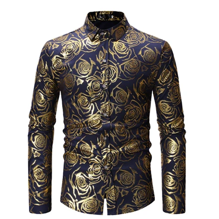 navy blue Брендовая белая мужская рубашка для ночного клуба, блестящая бронзовая сорочка с розами, мужские вечерние рубашки для свадьбы, ужина, выпускного, Мужские приталенные рубашки - Цвет: navy blue