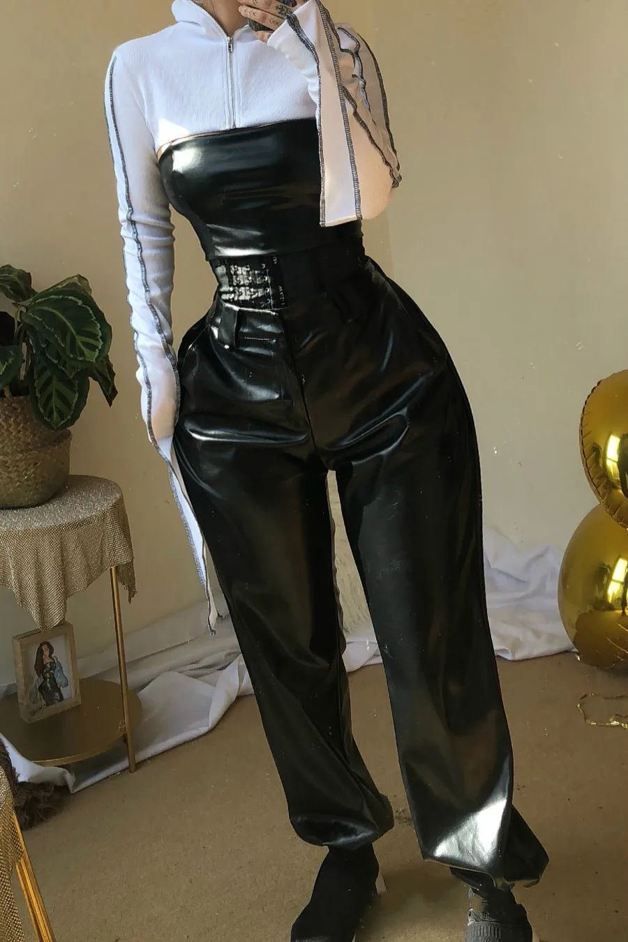 

Pantalon Mujer Direct Selling Faux Leather Zipper Fly None 2018 New Women's Pants Pu Leather Loose Beam Elastic Wide Leg Women