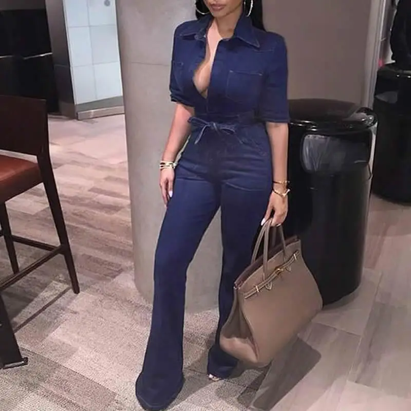 2018 Новый бандажный джинсовый комбинезон женский длинный боди с высокой талией