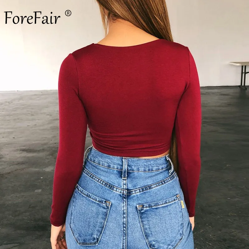 Женский укороченный топ с v образным вырезом Forefair однотонная Облегающая рубашка