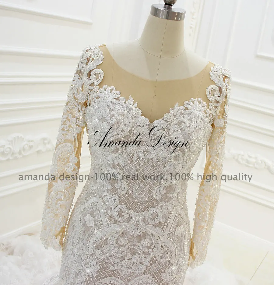 Свадебное платье-Русалка цвета шампанского с длинным рукавом и круглым вырезом |