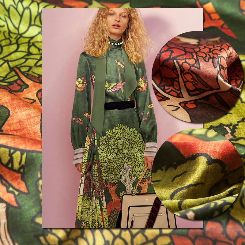 Эластичная шелковая атласная ткань с принтом животных оленей/птиц и лесных