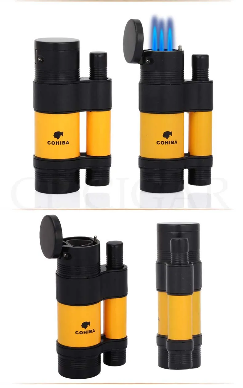 COHIBA 3 факел зажигалки ветрозащитный Карманный металлическая коробка для сигар легче, чем газ-бутан Роскошная Зажигалка для сигаретной сигареты встроенный сигары удар