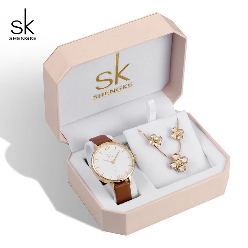 K0056 with watch set Shengke брендовые золотые Необычные кварцевые часы женские серьги ожерелье SK женские часы ювелирный набор роскошный подарок Relogio Feminino - Цвет: K0056 with watch set