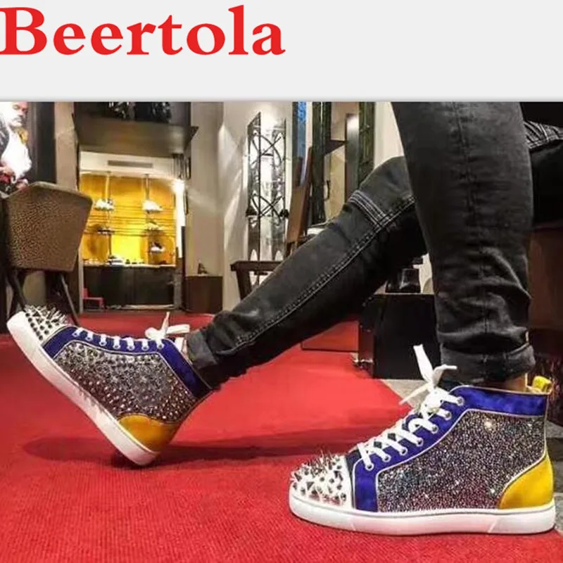 Beertola New 2019 Casual Men Shoes Mixed Color Spikes Crystal Street Style Fashion Boys Rivets Round Toe Lace Up Chaussures Male | Обувь