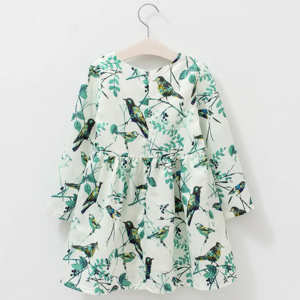 Новое модное платье для девочек одежда маленьких с цветочным принтом и птицами