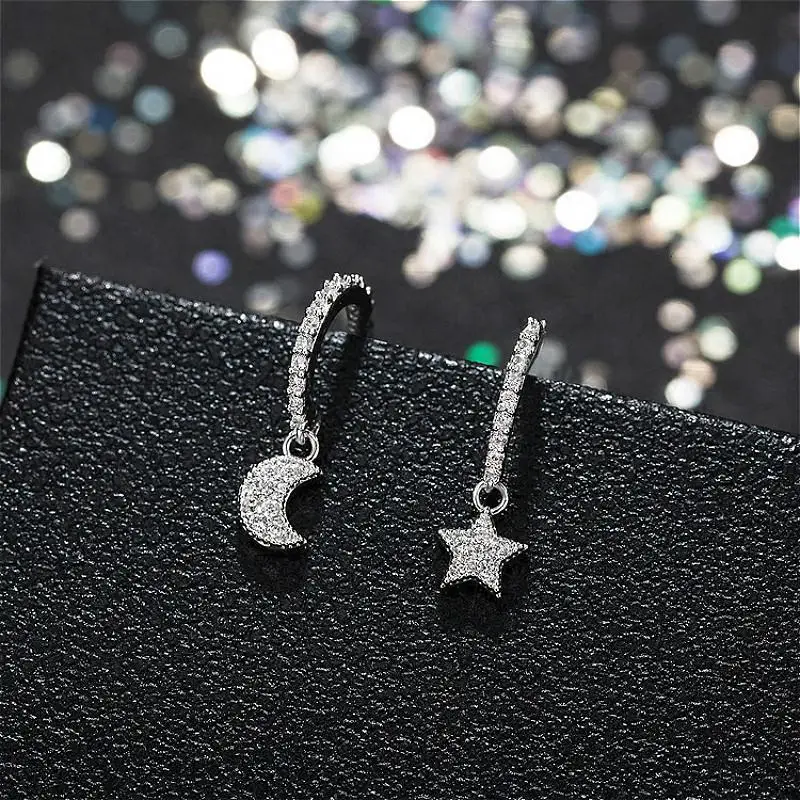 925 sterling silver Форзац полный циркон Звезда Серьги-висюльки с Луной для женщин тренд 925 пробы серебряные модные ювелирные изделия Прямая поставка - Окраска металла: 925 sterling silver