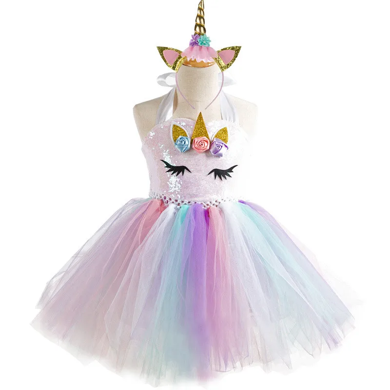 

Flower Embroidery Girls Unicorn Tutu Dress Girls Sleeveless Rainbow Princess Dress Kids Halloween Party Evening Unicorn Costume
