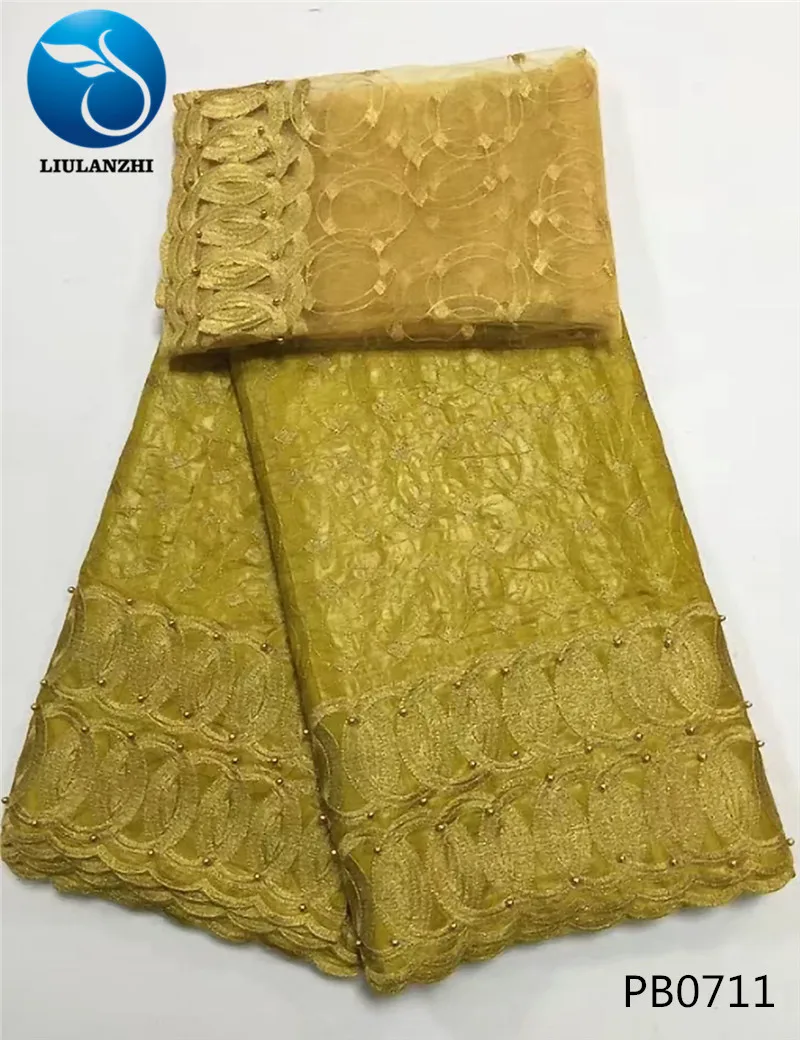 

LIULANZHI Sky blue bazin riche fabric nigerian broderie fabric with beads embroidery french net lace 7 yards/lot for dress PB07