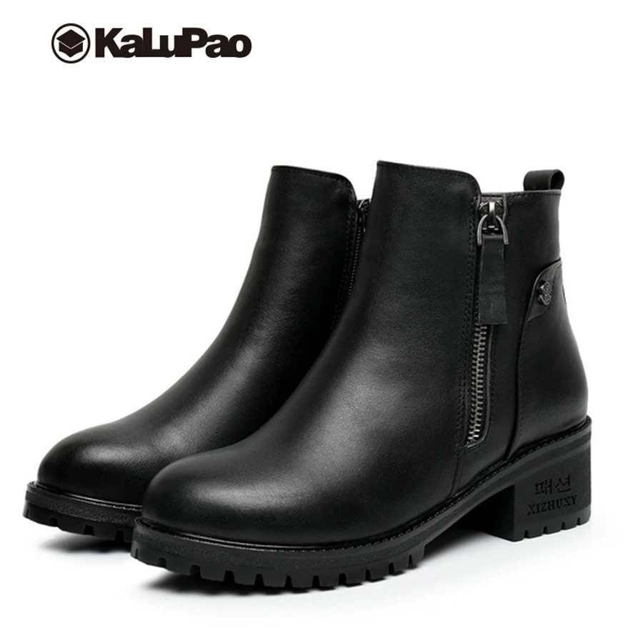 Kalupao/черные ботильоны из натуральной кожи для женщин зимние теплые женские