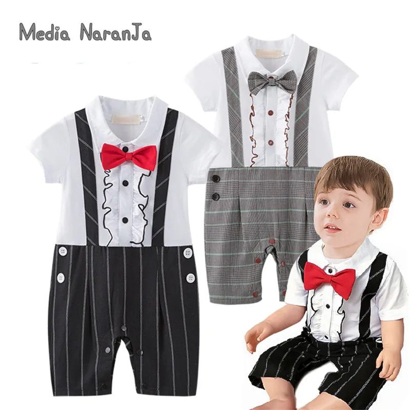 

Baby boy birthday black khaki plaid short sleeve bow tie romper jumpsuit infant toddler gentlemen wedding party clothes