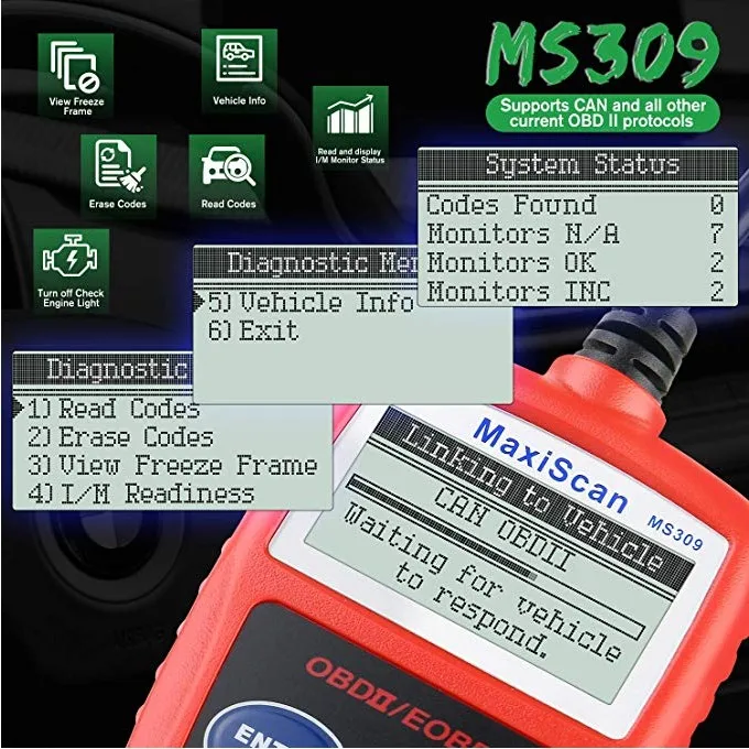 Autel MS309 классический Улучшенный Универсальный OBD II сканер автомобиля двигателя код ошибки считыватель может диагностический инструмент сканирования-красный