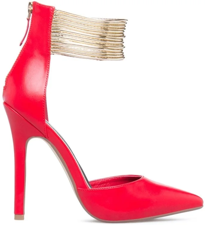 

Newest Women Solid Red Black White Patent Leather Pointed Toe Back Zipper Pumps Fashion Summer Ankle Metal Strap High Heel Shoes