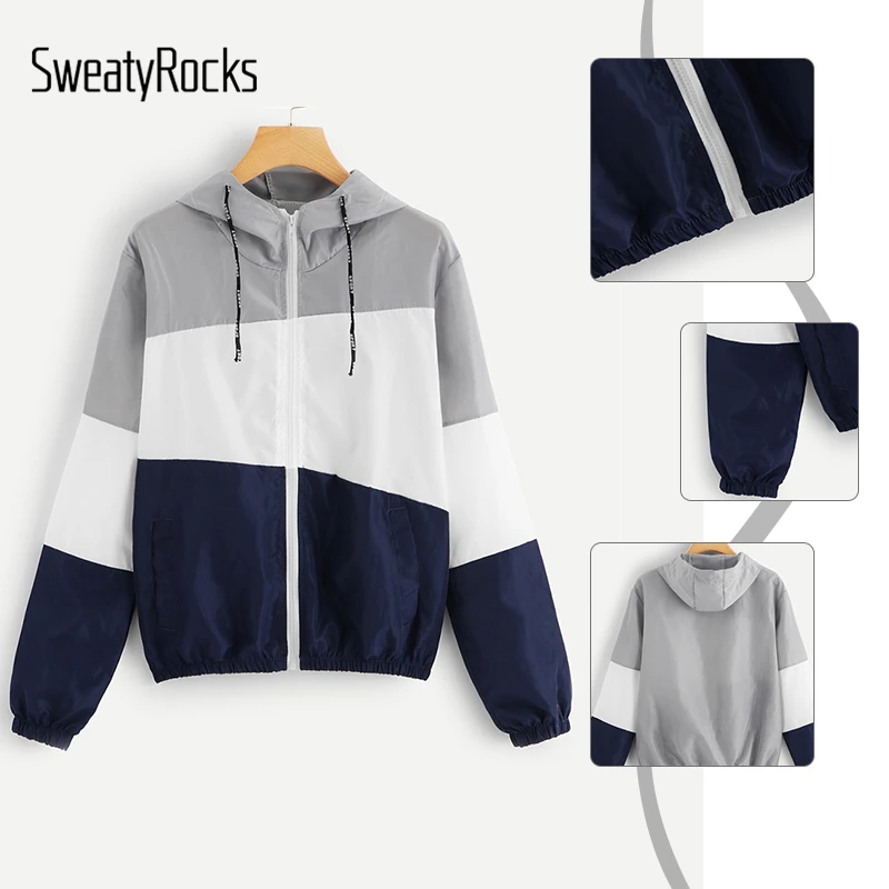 SweatyRocks Colorblock Женская ветровка с капюшоном, куртка на молнии, толстовка с капюшоном, топы, модные весенние повседневные пальто и куртка