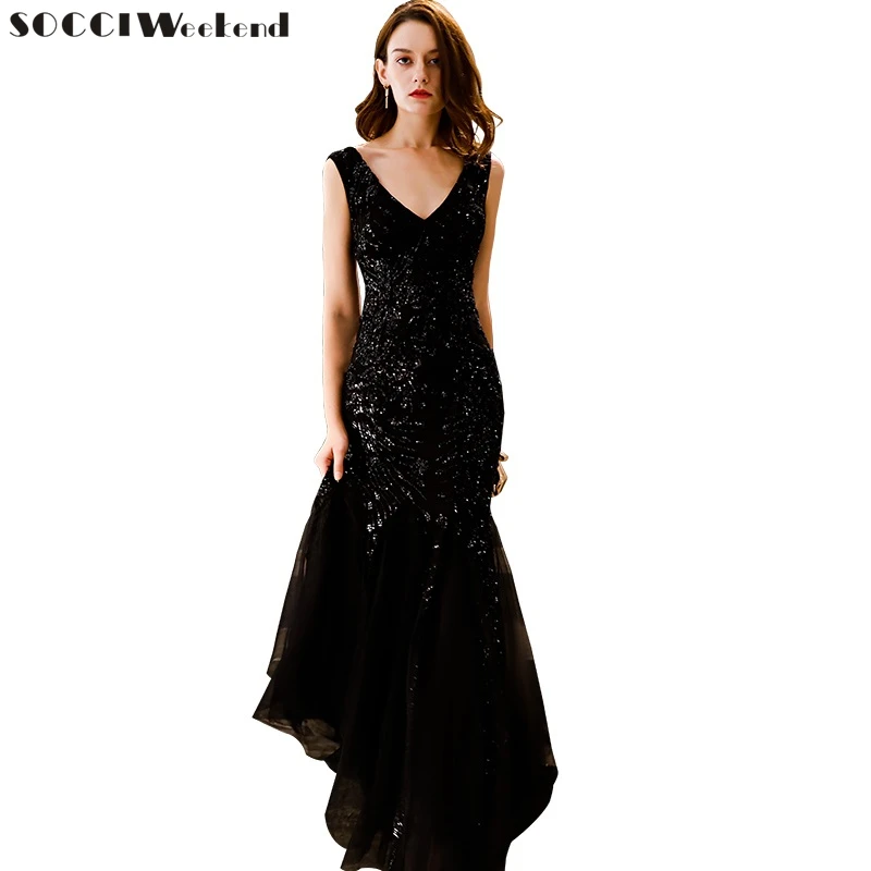 SOCCI/Новинка сексуальное вечернее платье русалки черное блестящее в пол женское