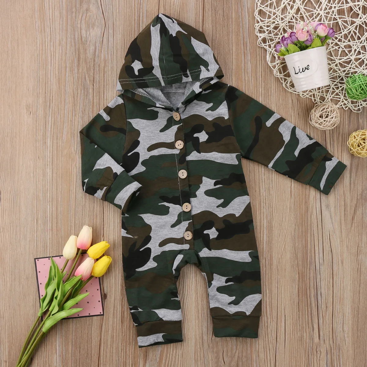 

Infant Newborn Baby Boys Girls Hooded Camo Romper Jumpsuit Playsuit Outfits Clothes Casual Long Sleeve Button Cotton Clothing