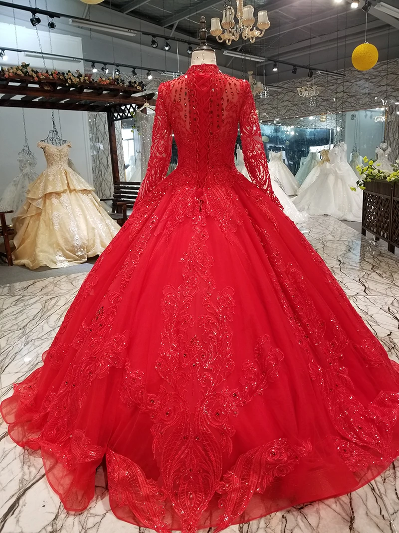 LS64440 красный мусульманский пушистый старинный вечернее платье с длинным рукавом