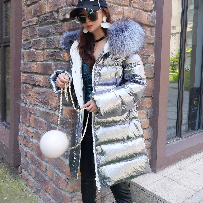 

Winter Down Jacket Women White Duck Down Raccoon Fur Collar Bright Face Detachable Collar