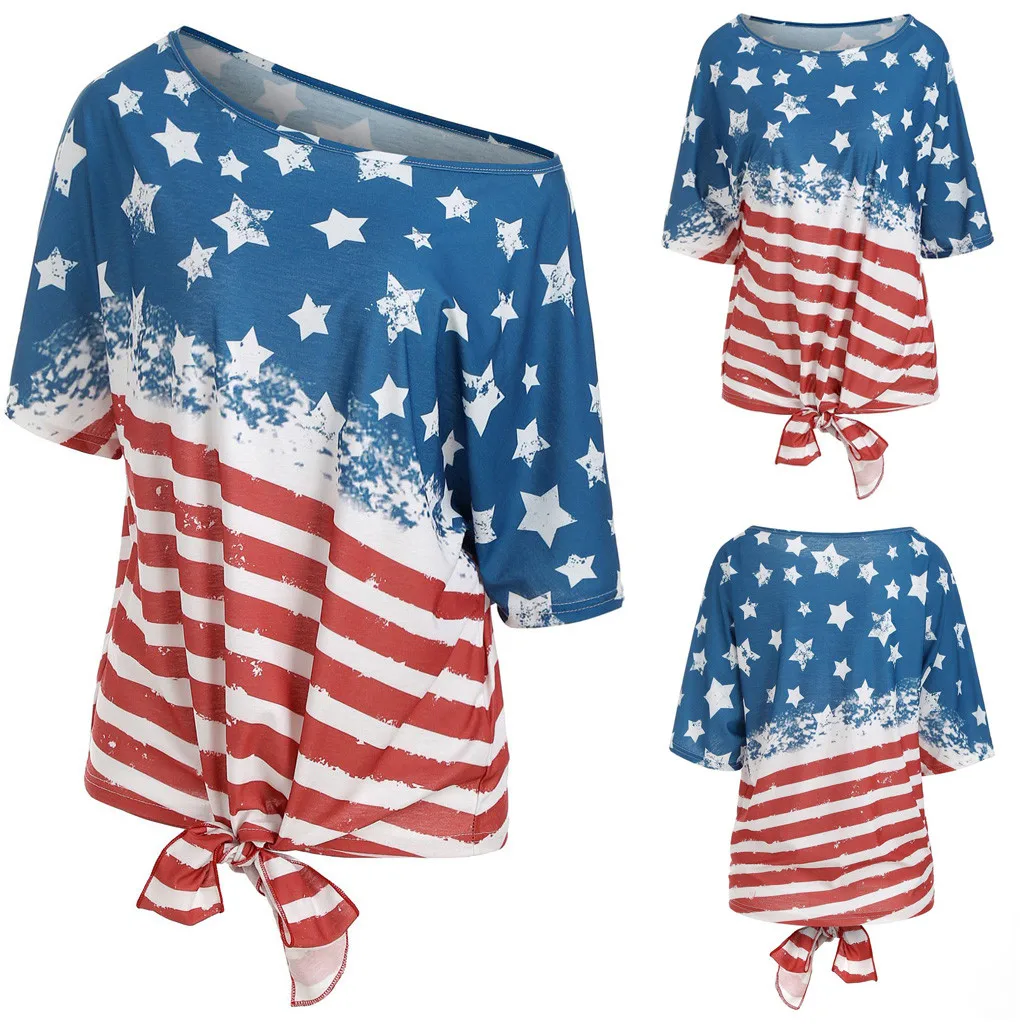 Women stripe America Flag Printed skew Neck SLeeve Knot T-shirt Harajuku korean style streetwear haut femme | Женская одежда