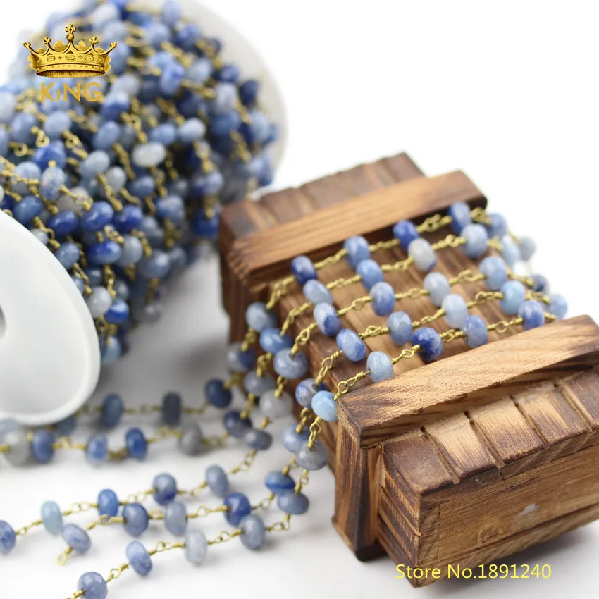 

5meters Blue Aventurine Stones Loose Beads Charms Chains for Necklace,Faceted Rondelle Aventurine Wire Rosary Chains Bulk ZJ236