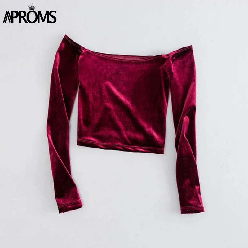Aproms Элегантный с плеча Velvet Crop Top Для женщин Мода стрейч Майка укороченная женские осенние мягкие майки Tee