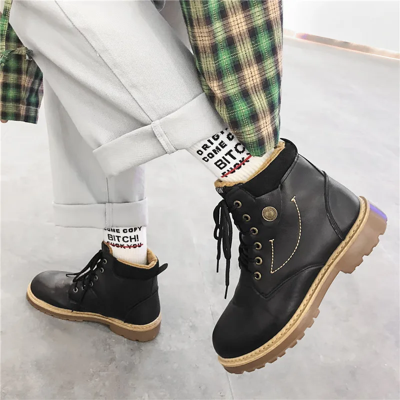 Men British Platform High Top PU Leather Boots Winter Warm Plush Lining Lace-up Square Heel Round Toe Male Rubber Martin | Обувь