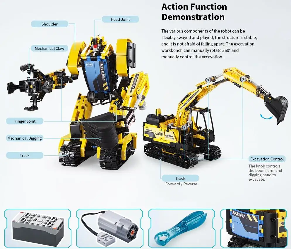 CaDA C51026 экскаватор Интеллектуальный RC строительные блоки игрушка Megalithic Робот 2 в 1