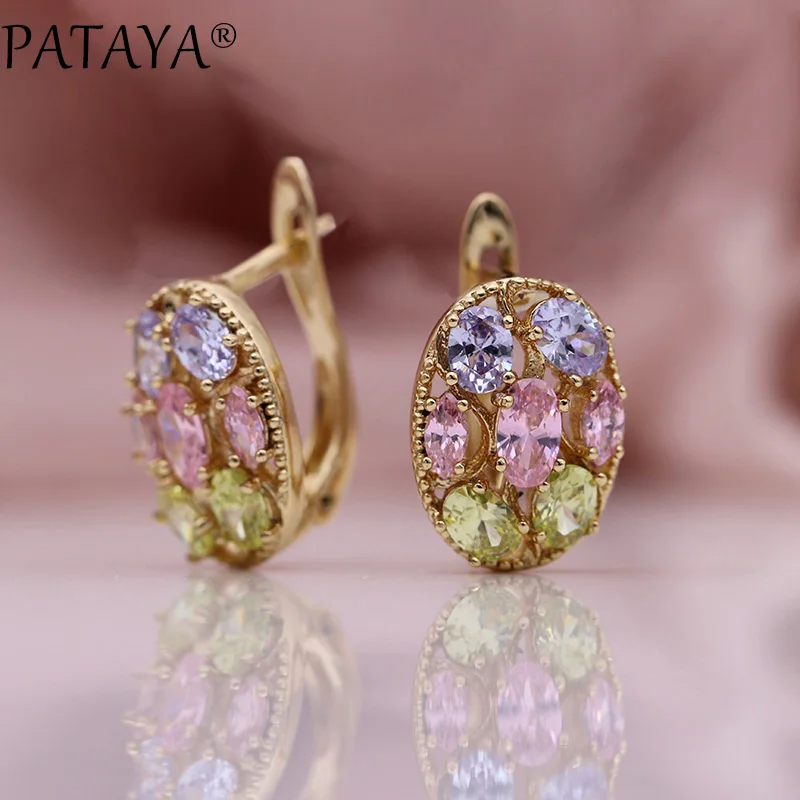 PATAYA, новинка, розовые овальные серьги, женская мода, хорошее ювелирное изделие, 585, розовое золото, микро воск, инкрустация, голубой натуральный циркон, свисающие серьги
