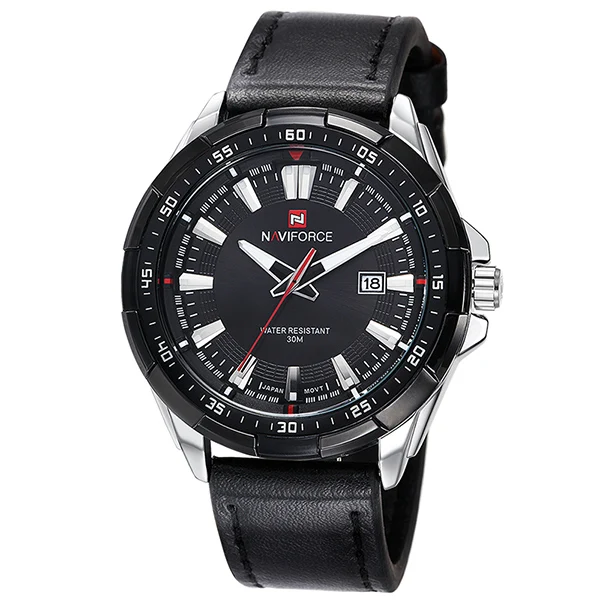 Black Silver Бренд NAVIFORCE, мужские кварцевые часы, военные спортивные кожаные водонепроницаемые аналоговые часы, мужские повседневные часы с датой, Relogio Masculino - Цвет: Black Silver