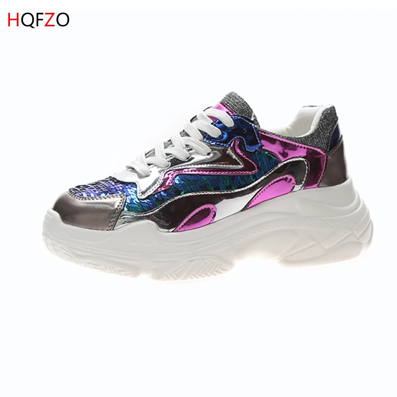 HQFZO 2019 Fashion Pantshoes Bling Platform Vulcanize Sneakers Spring Wedge Lace-Up Women Shoes Breathable Casual Female | Обувь