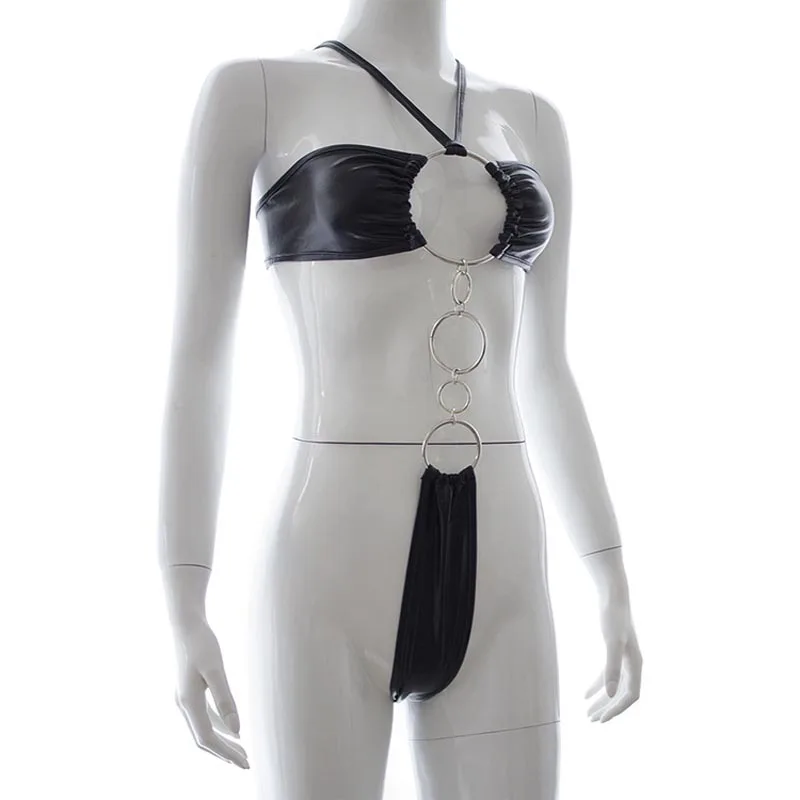 

Sexy Lingerie Black Faux Leather One Piece Bikini Halter Bodysuit with G-String Back Metal Rings Erotic Dance Costume