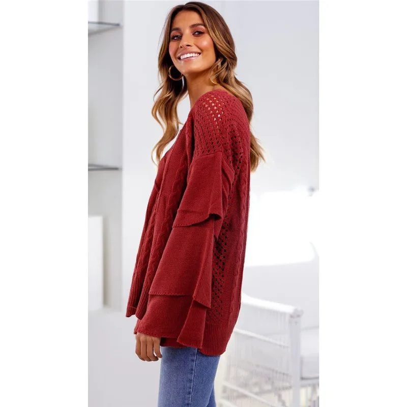 Womens V Neck Top Oversize hollow out Mesh Knitted Sweater Elegant layers Long sleeve pull femme truien dames Fashion Streetwear | Женская