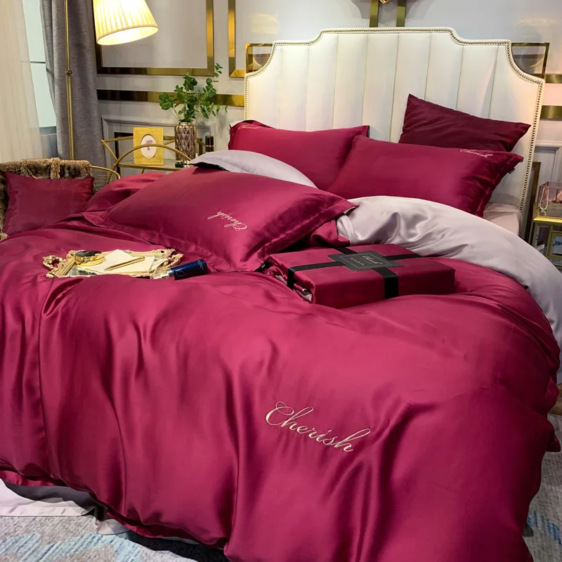 Белый фиолетовый розовый серый роскошный удобный 100S Tencel Шелковый набор постельного белья с вышивкой пододеяльник кровать застежки для простыни льняной чехол для подушки