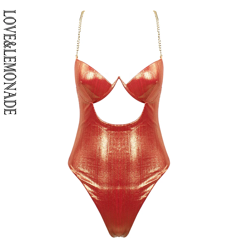 Женское боди на бретельках LOVE & LEMONADE облегающее оранжевое с вырезами модель