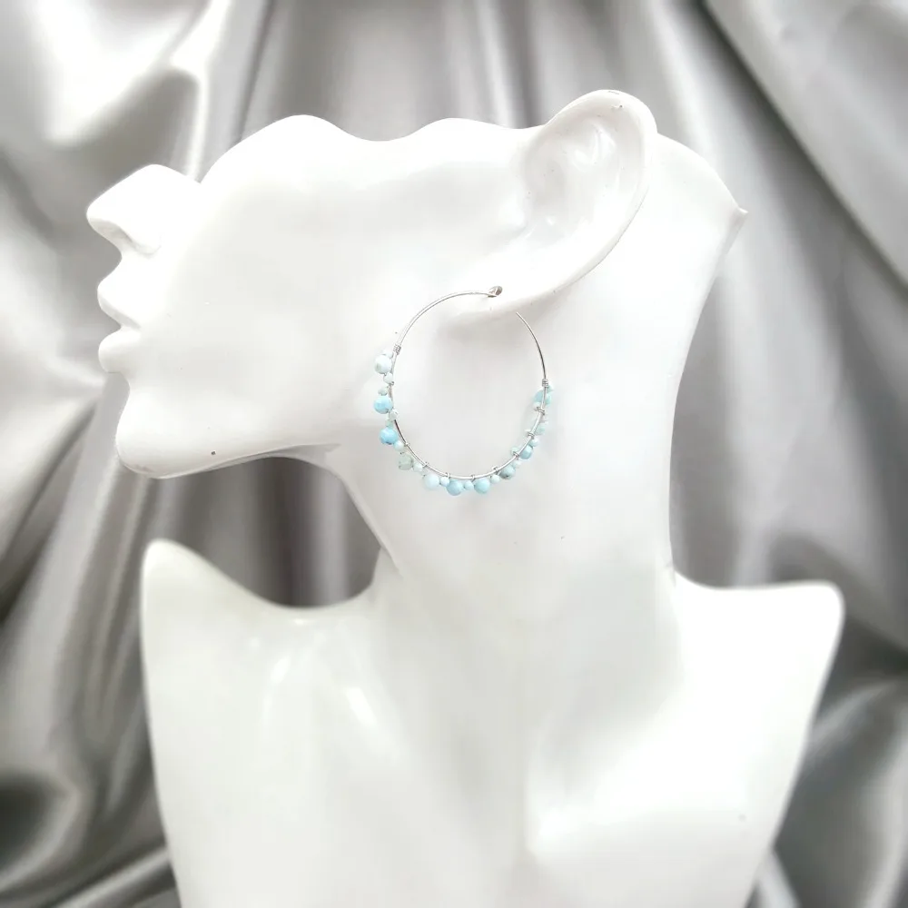 LiiJi Unique Natural Stone Blue Larimar 925 Sterling Silver Big Hoop Handwork Earrings Women Fashion Daily Jewelry