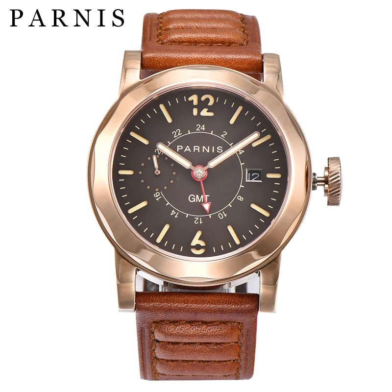 

Новинка, мужские механические часы Parnis 43 мм, автоматические часы GMT, чехол из розового золота, наручные часы с автоматической датой и кожаным...
