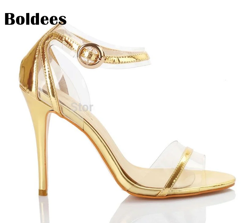 

Women Sandals Gold Metallic Clear PVC Straps High Heels Sandals Transparent Summer Shoes Perspex Buckle Size 43 Zapatos Muje