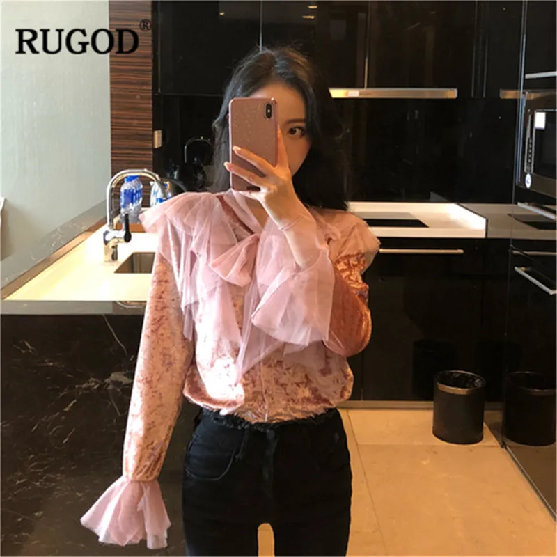 Женские велюровые рубашки RUGOD винтажные однотонные Топы с бантом элегантные