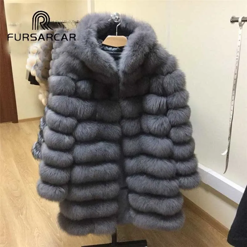 Натуральное женское меховое пальто с меховым капюшоном, натуральный Лисий мех, Женская куртка, 90 см, длинное зимнее плотное пальто