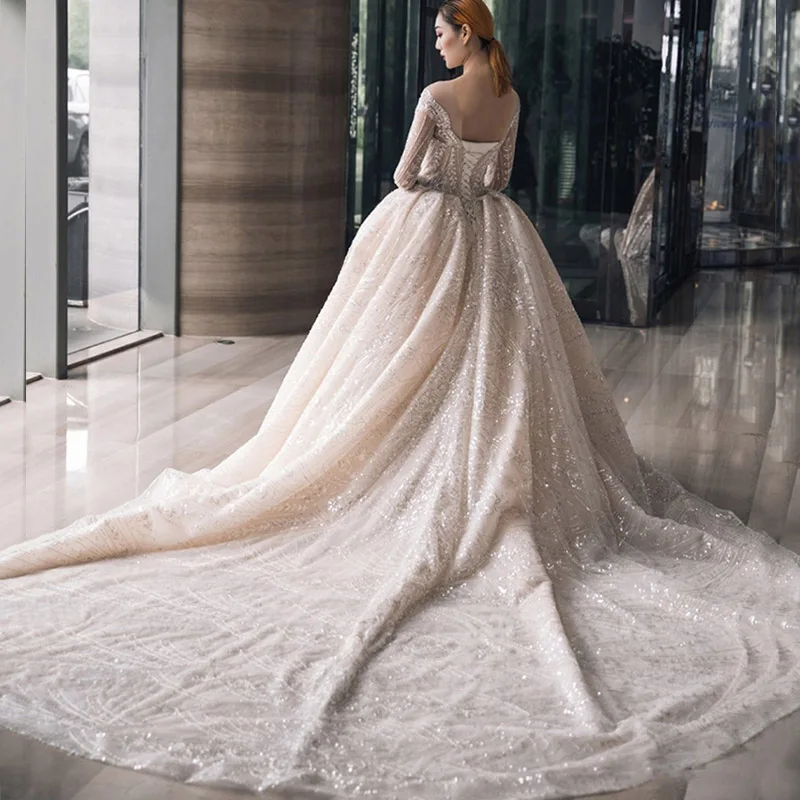 Luxury lace white wedding dress with bling bride vintage plus size long sleeve bridal gown weddingdress vestido de noiva - Цвет: White court train