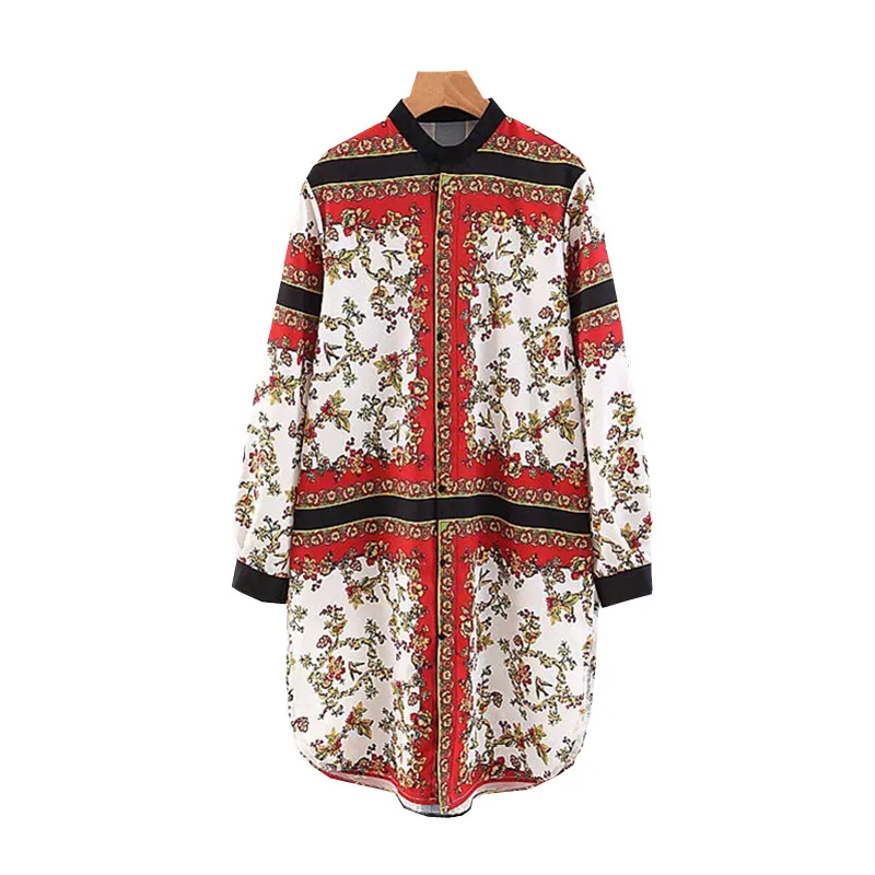 Женское мини-платье-рубашка с цветочным принтом платье длинным рукавом и круглым