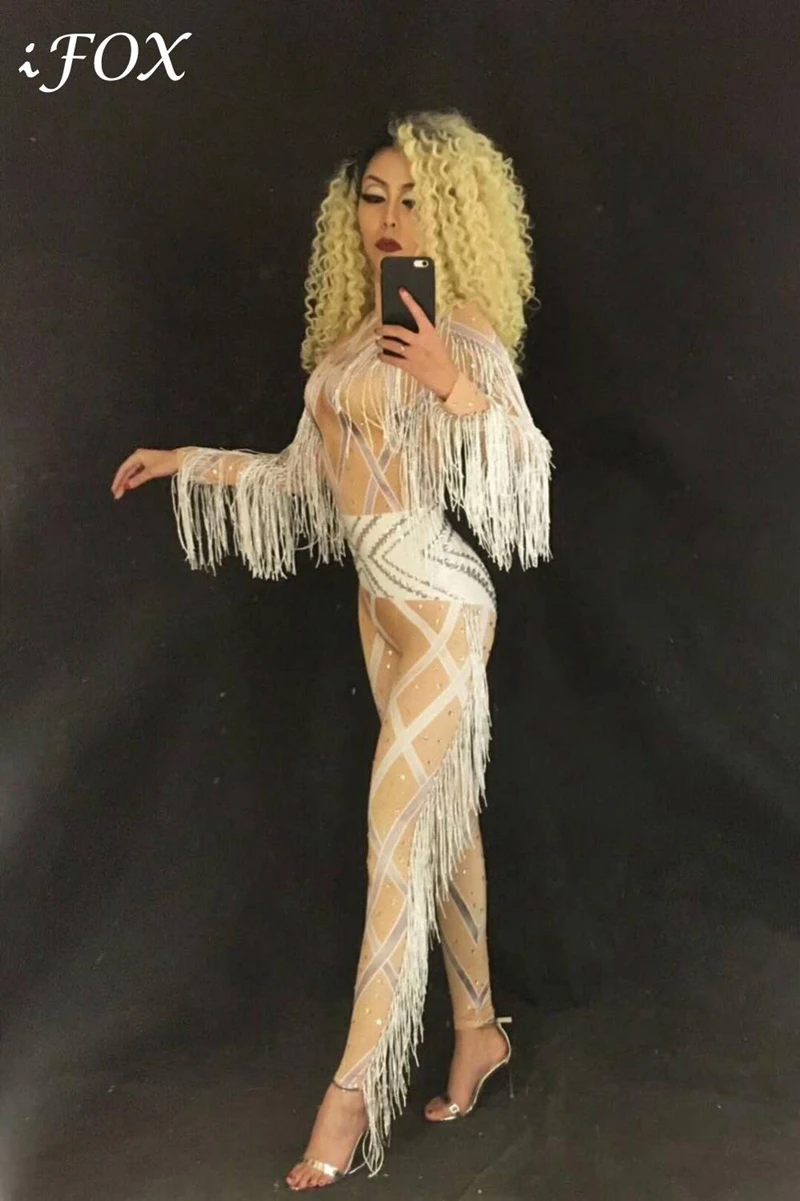 

White TasseSilver Rhinestones Bodysuit Nightclub Women Singer Dancer Stretch Mesh Jumpsuit Clothes Birthday Celebrate Outfit