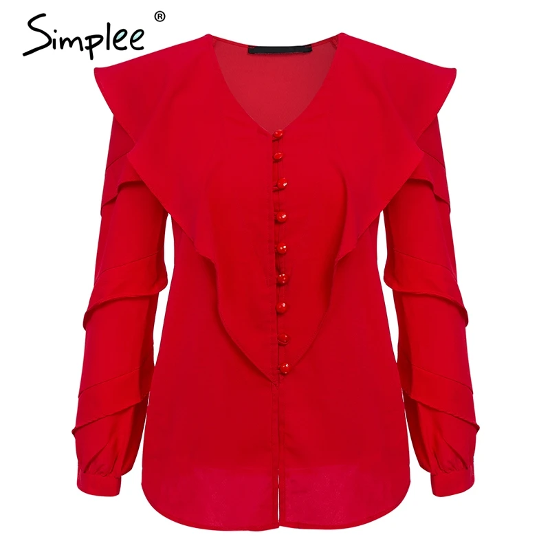 Simplee Elegant v neck long sleeve buttons women blouse shirt Ruffles solid autumn Blusas Tops Casual outwear blusas feminina |