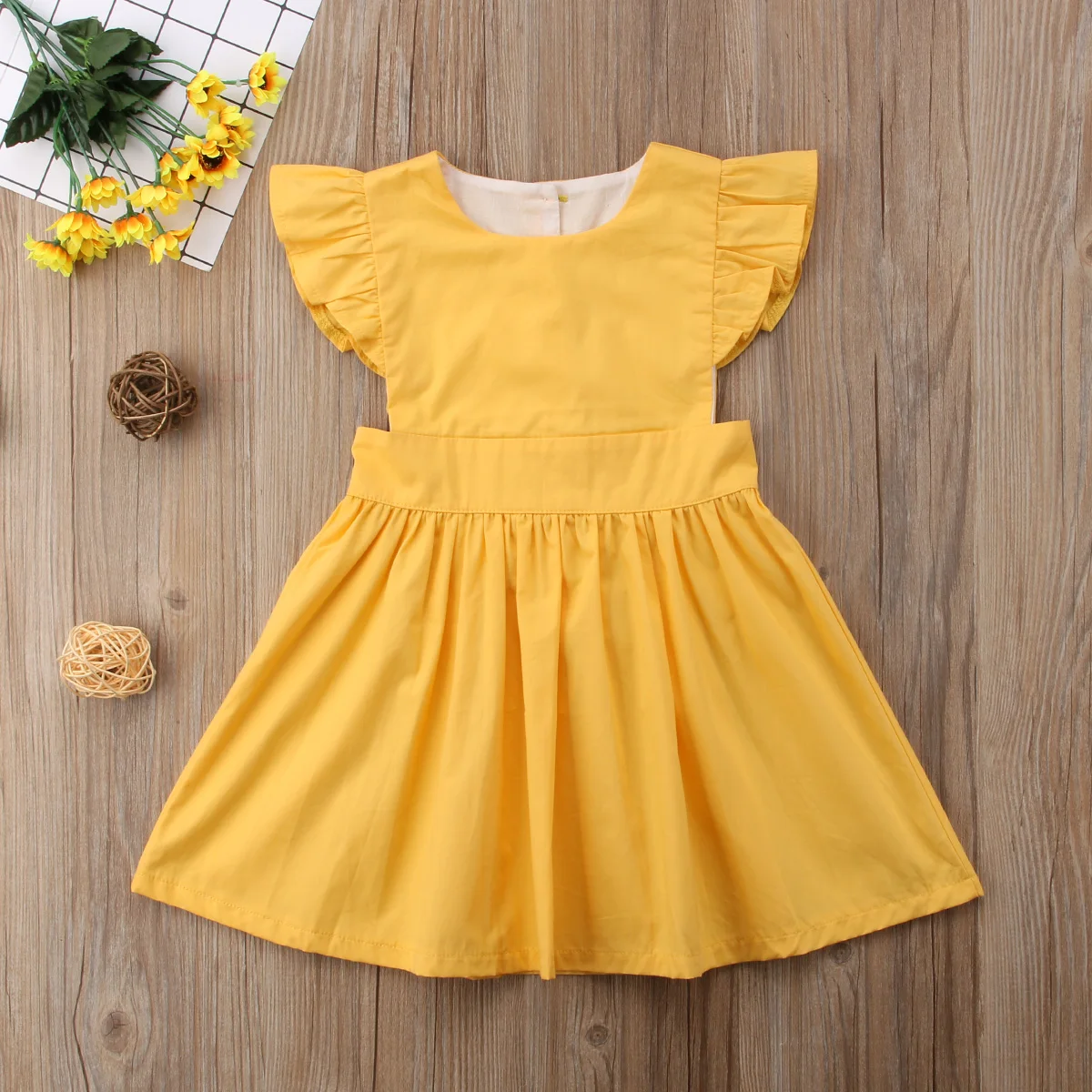 2018 Kids Baby Girl Clothes Summer Princess Flying Sleeves Party Prom Tutu Dress Yellow Solid Sundress 1-6Y | Детская одежда и