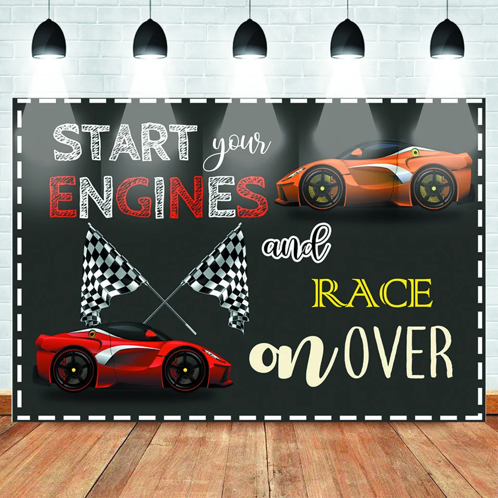 MOCSICKACool Race Car Competition Backdrop for Photo Studio Orange Red Racing Car Black Birthday Background Flagpole