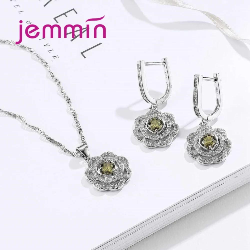 Elegant Fashion Hollow Flower Necklace Earrings for Women Heart Shape Round Dark Green Crystal 925 Sterling Silver Jewelry Sets |